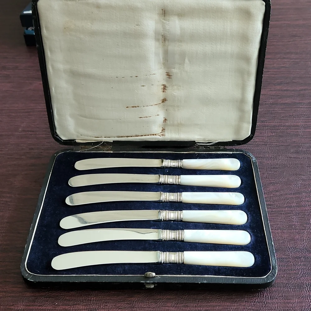 Vintage Set of 6 Silver Plate Mother of Pearl Handled butter knives